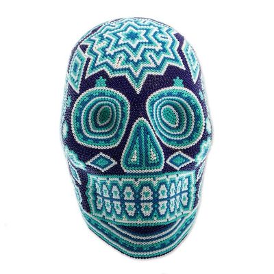 Alternate image for Huichol Beadwork Blue Starburst Skull Figurine Blue Night Visions