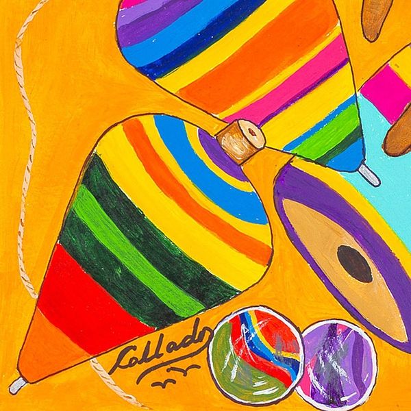 Alternate image for Colorful Naif Painting Made with Watercolors Toys of Yesteryears Mexico