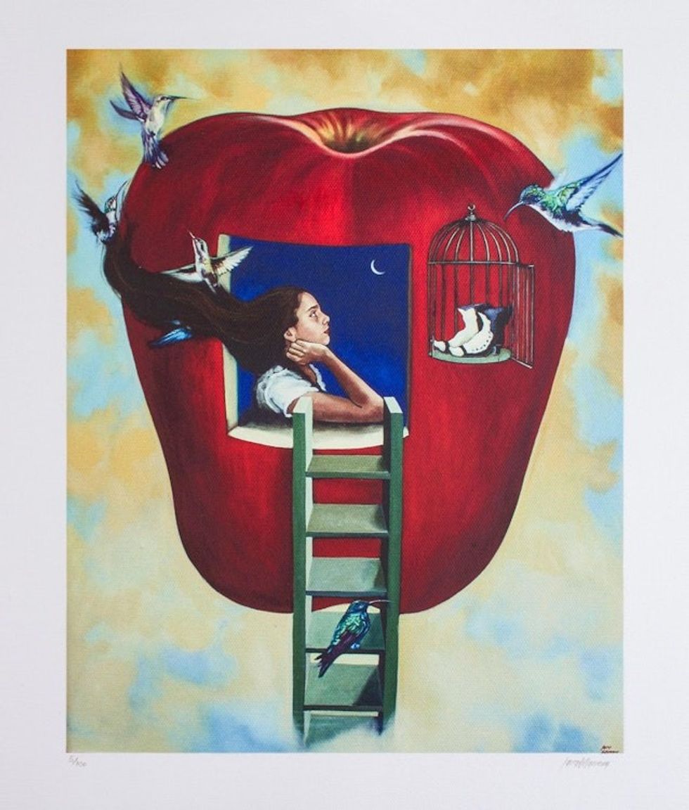 Signed Surrealist Print of a Girl in an Apple from Mexico 'The Third Voyage'