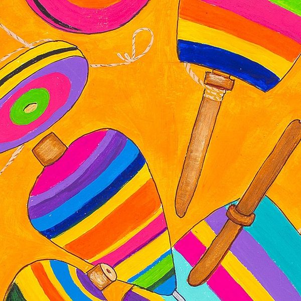 Alternate image for Colorful Naif Painting Made with Watercolors Toys of Yesteryears Mexico