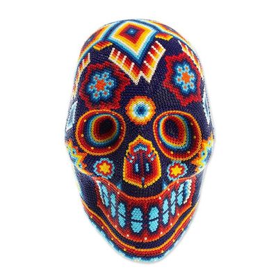 Alternate image for Beaded Dark Blue Skull Figurine with Huichol Icons Midnight Visions