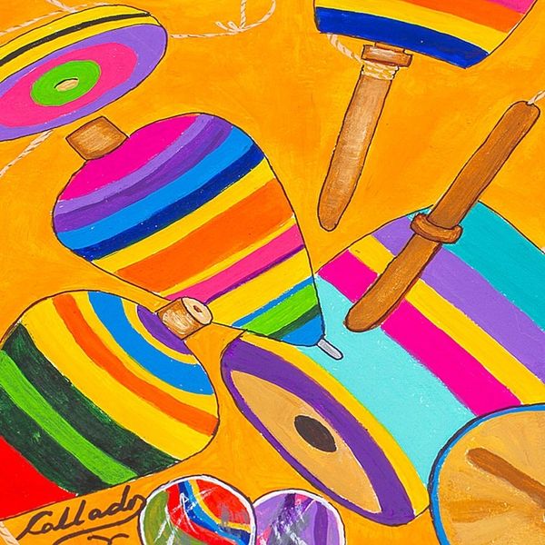 Alternate image for Colorful Naif Painting Made with Watercolors Toys of Yesteryears Mexico