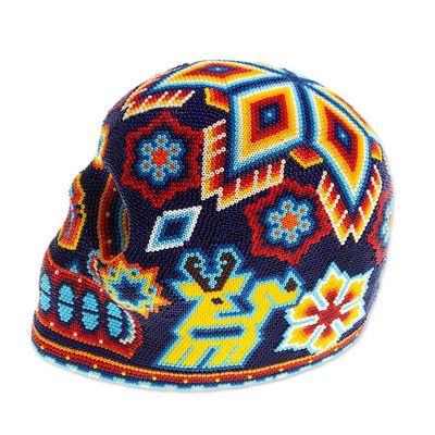 Alternate image for Beaded Dark Blue Skull Figurine with Huichol Icons Midnight Visions