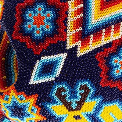 Alternate image for Beaded Dark Blue Skull Figurine with Huichol Icons Midnight Visions