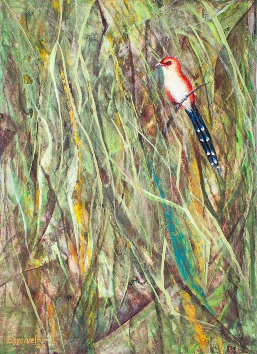 Acrylic Natural Dyes on Paper Painting of A Bird in Nature 'Bird in Green Nature'