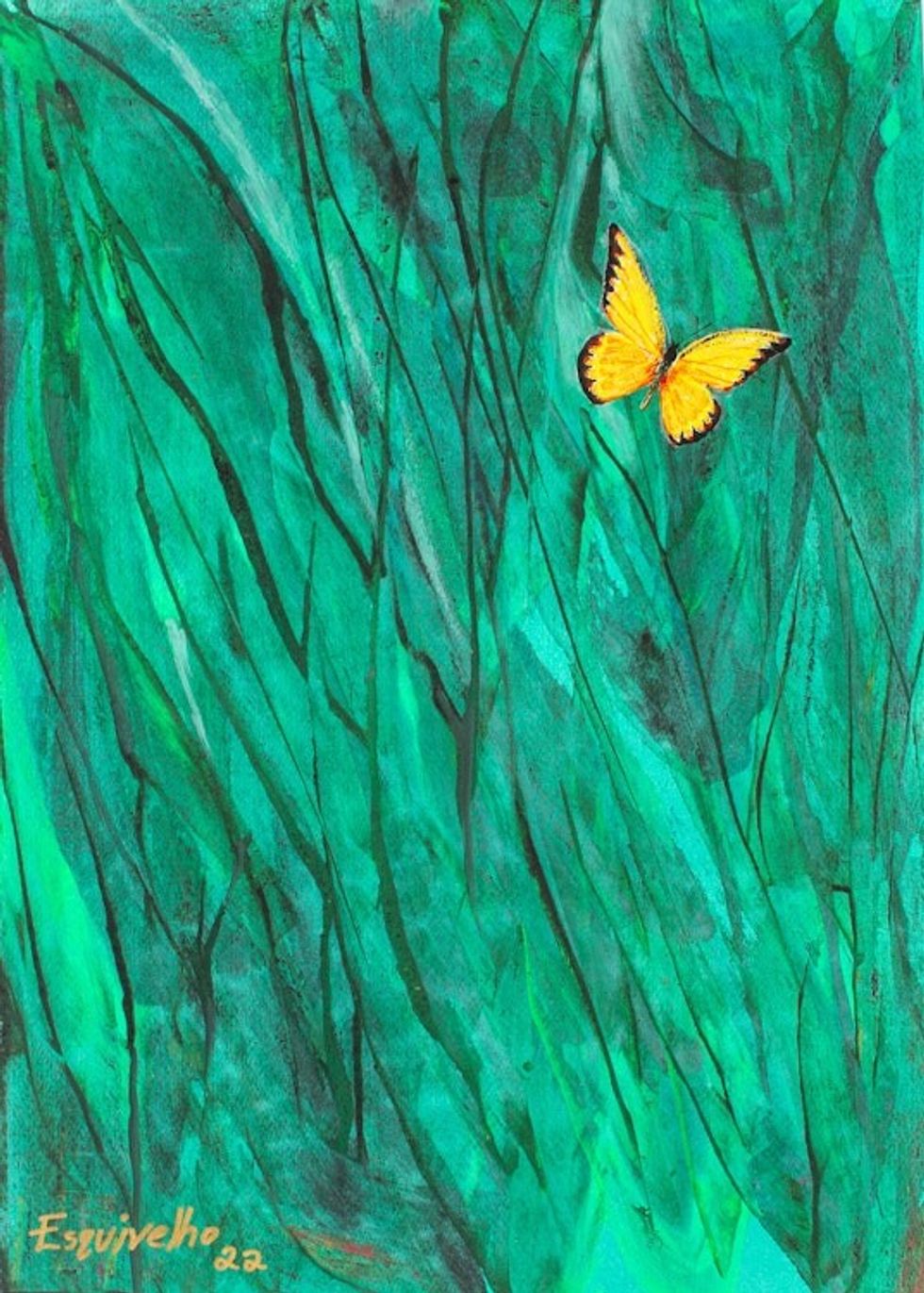 Acrylic and Dyes on Paper Expressionist Butterfly Painting 'Green Grassland'