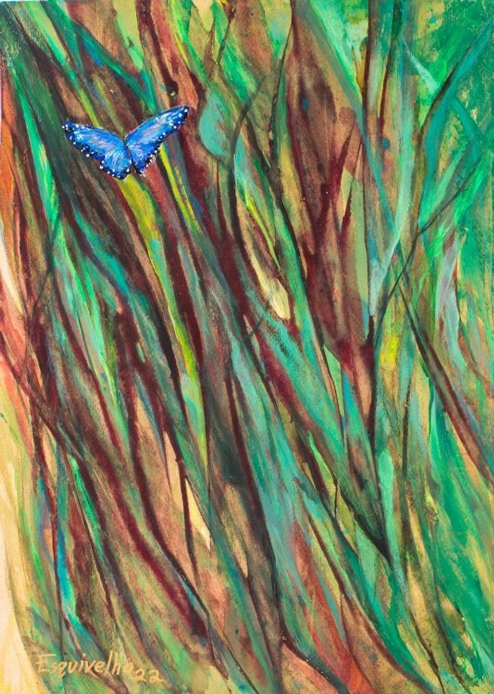 Acrylic and Dyes on Paper Expressionist Butterfly Painting 'Grassland with Butterfly'