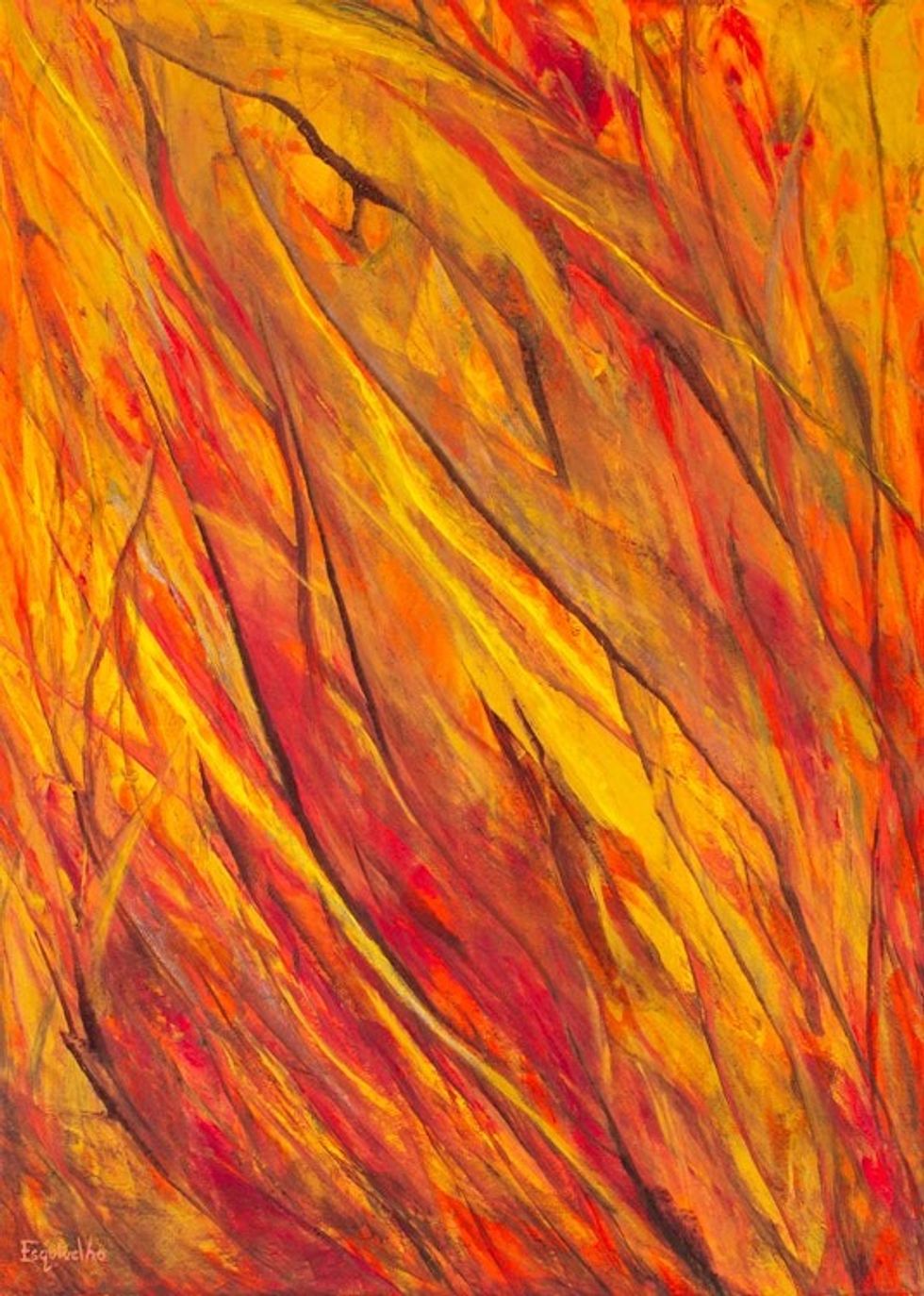 Acrylic  Natural Dyes on Paper Abstract Painting of A Fire 'Fire Red Grassland'