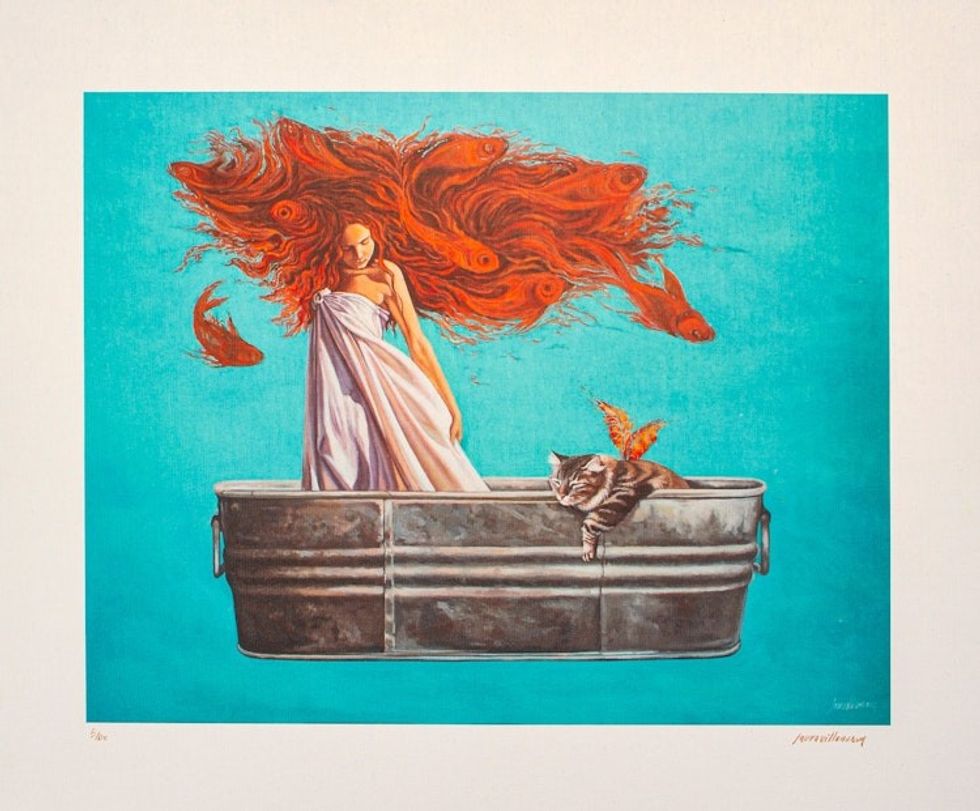 Signed Surrealist Giclee Print of a Woman and Kitten 'Mermaid Promenade'