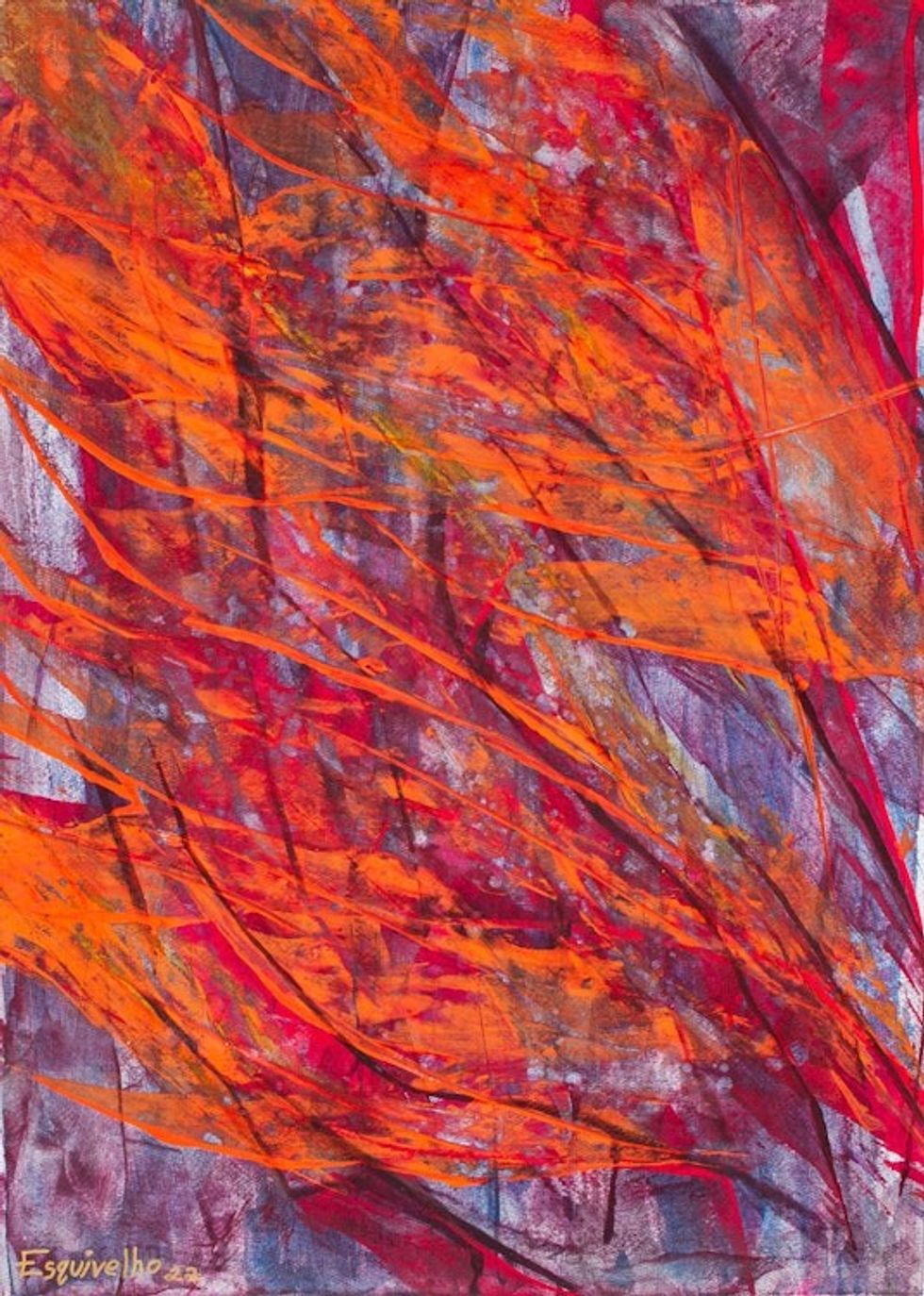 Abstract Fire Painting Made with Acrylic and Dyes on Paper 'Fire in Purple Grassland'