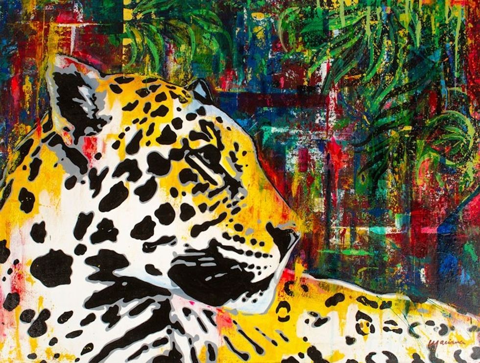 Signed Expressionist Jungle-Themed Oil Painting of a Jaguar 'Colors of the Jungle'