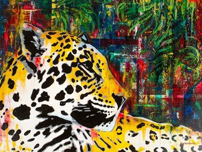Alternate image for Signed Expressionist Jungle-Themed Oil Painting of a Jaguar Colors of the Jungle