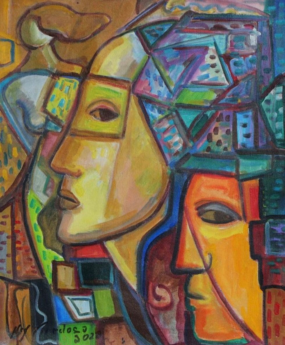 Earthtone Portrait Painting in Cubist Style from Brazil 'Feminine Faces'