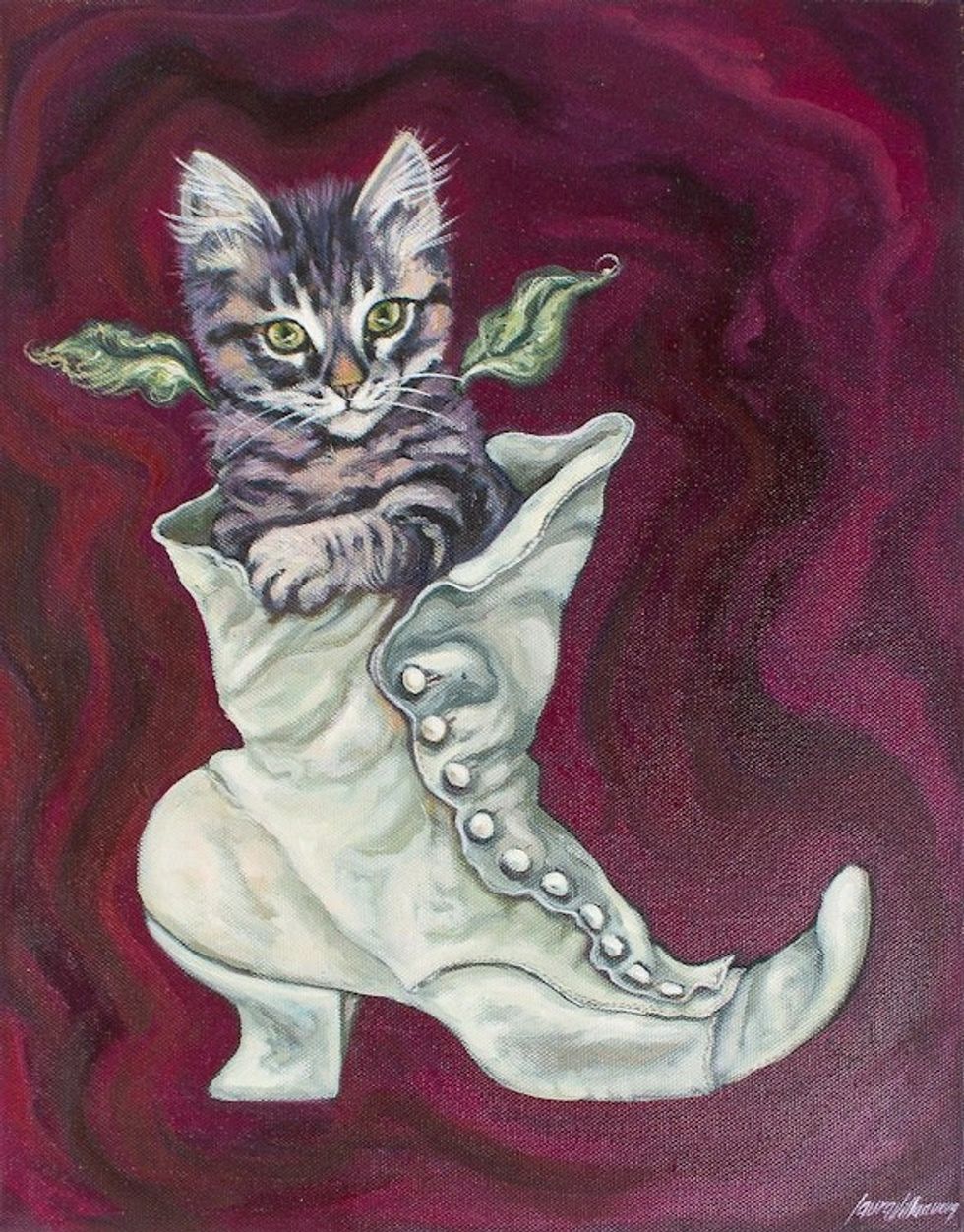 Original Signed Surrealist Cat Painting 'Cat with Boot'