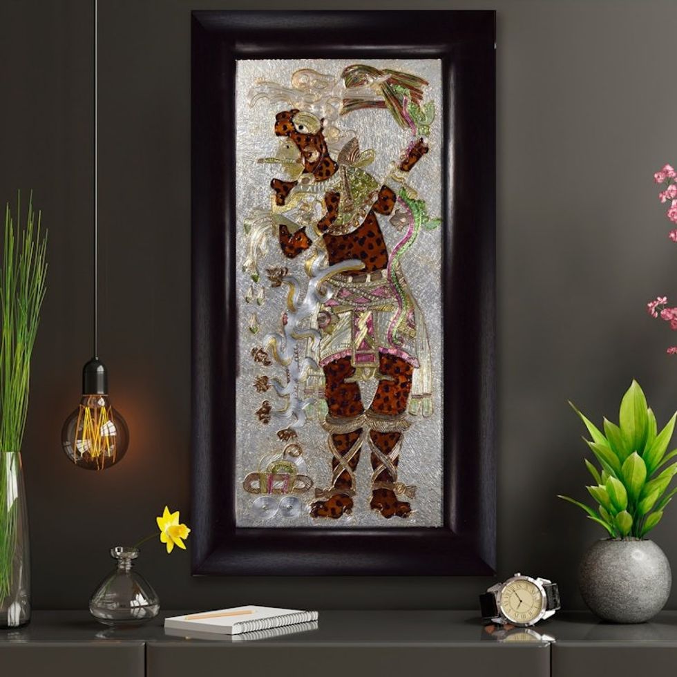 Framed Aluminum Repousse Jaguar Warrior Alcohol Painting 'Cacaxtla Jaguar Knight'