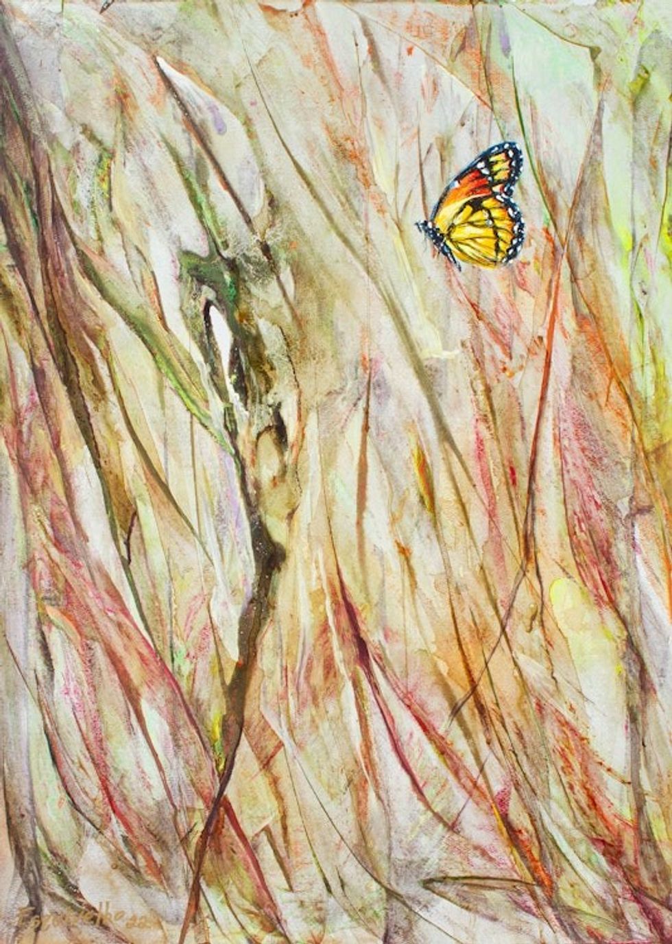 Acrylic  Dyes on Paper Painting of Butterfly in Grasslands 'Yellow Butterfly in Grassland'