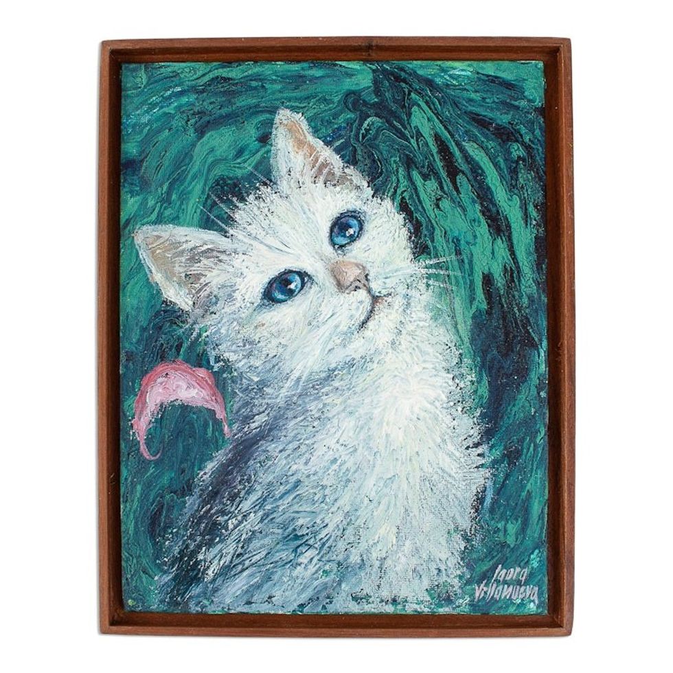 Framed Original Painting of White Cat 'Dreamy Cat I'