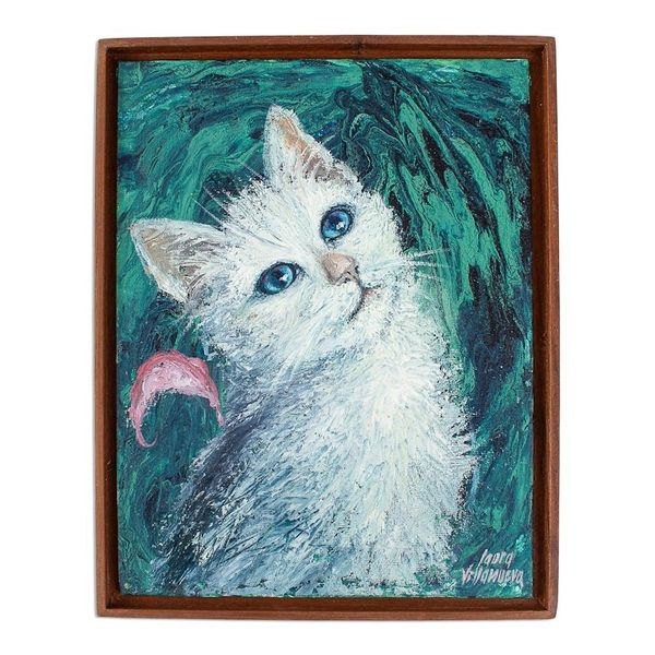 Alternate image for Framed Original Painting of White Cat Dreamy Cat I