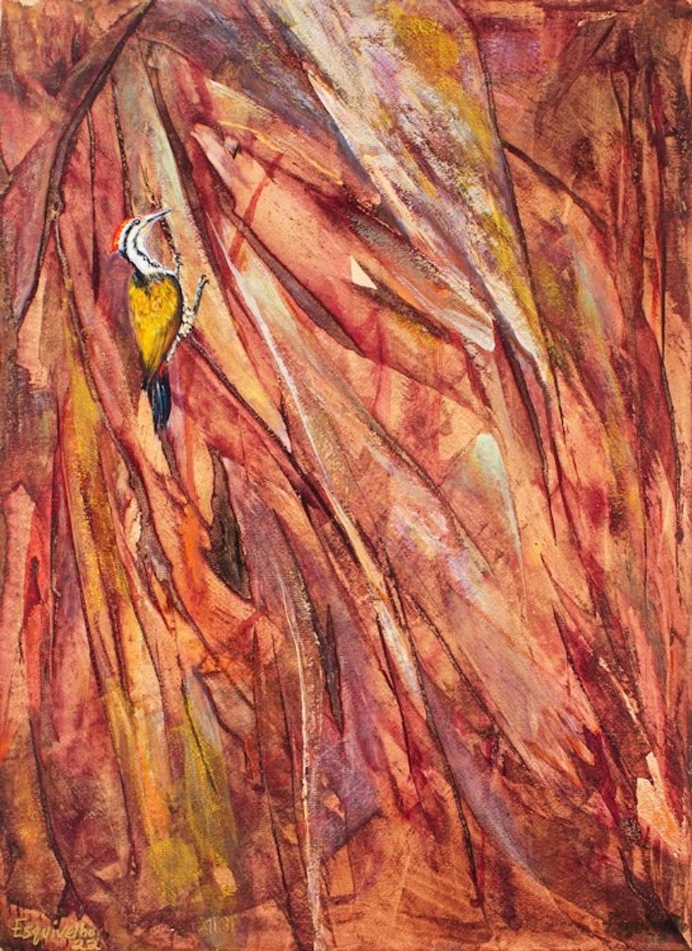 Acrylic and Natural Dyes on Paper Painting of A Woodpecker 'Woodpecker on Log'