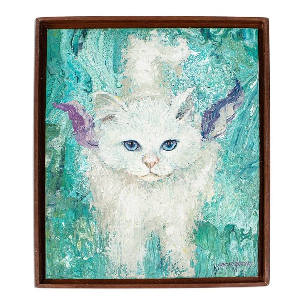 Original Signed Framed Cat Painting from Mexico 'Dreamy Cat II'