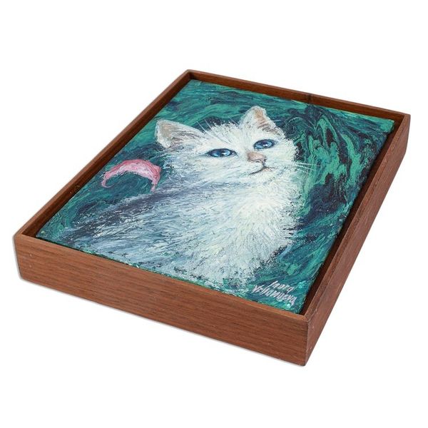 Alternate image for Framed Original Painting of White Cat Dreamy Cat I