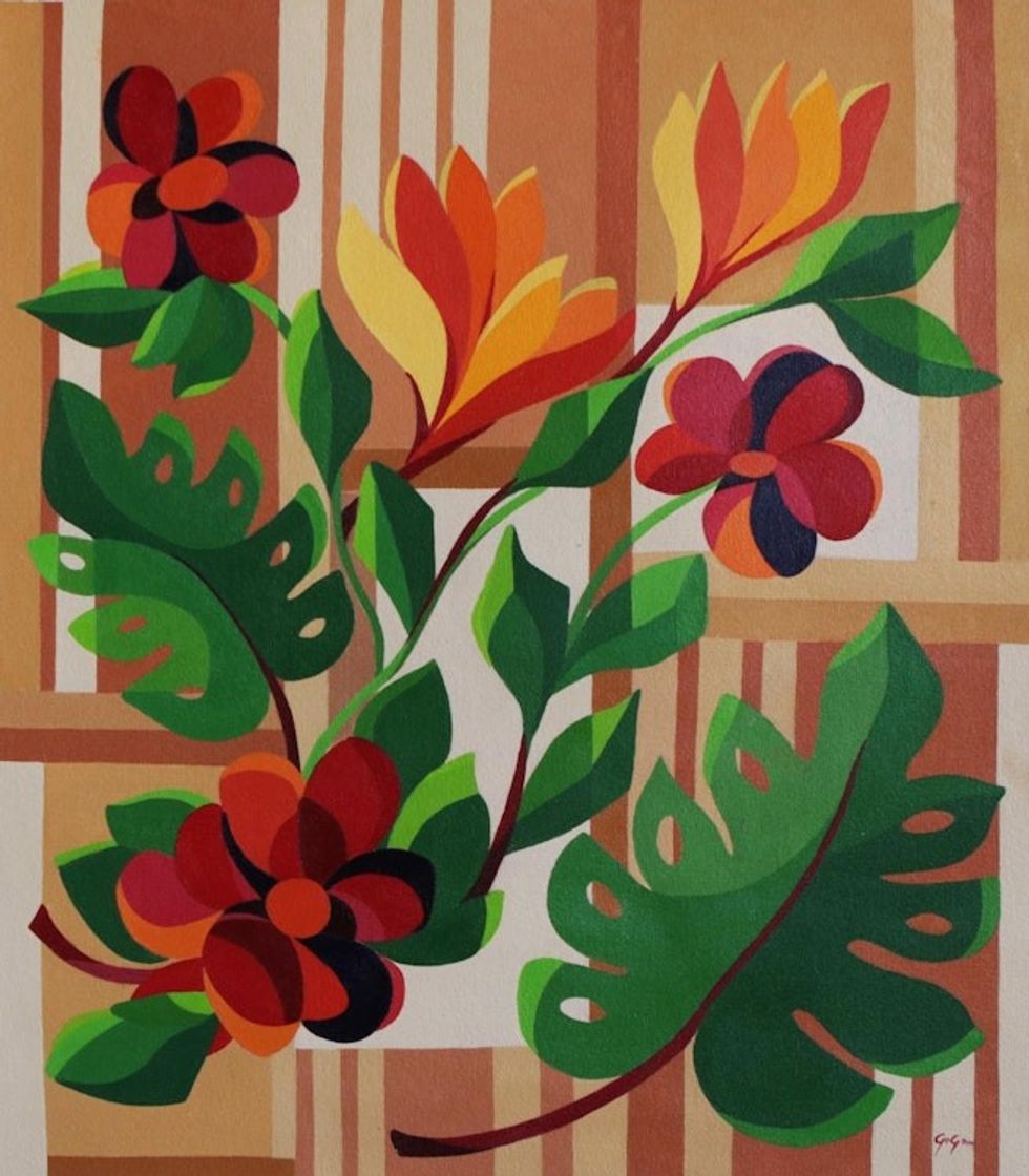 Signed Acrylic Painting of Flowers on a Window from Brazil 'Window Blooms'