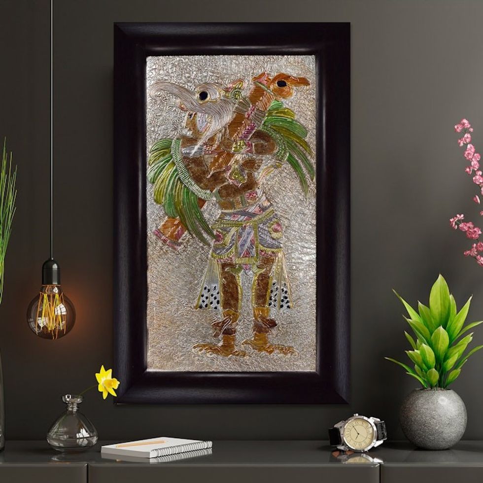 Framed Aluminum Repousse Eagle Warrior Alcohol Painting 'Cacaxtla Eagle Knight'