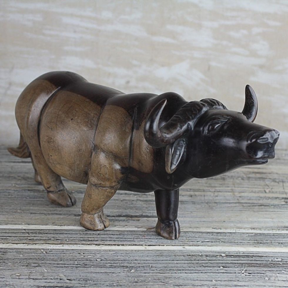 Ebony Wood Water Buffalo Sculpture from Ghana 'Lowing Water Buffalo'