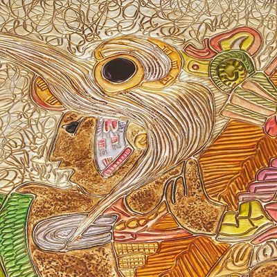 Alternate image for Framed Aluminum Repousse Eagle Warrior Alcohol Painting Cacaxtla Eagle Knight