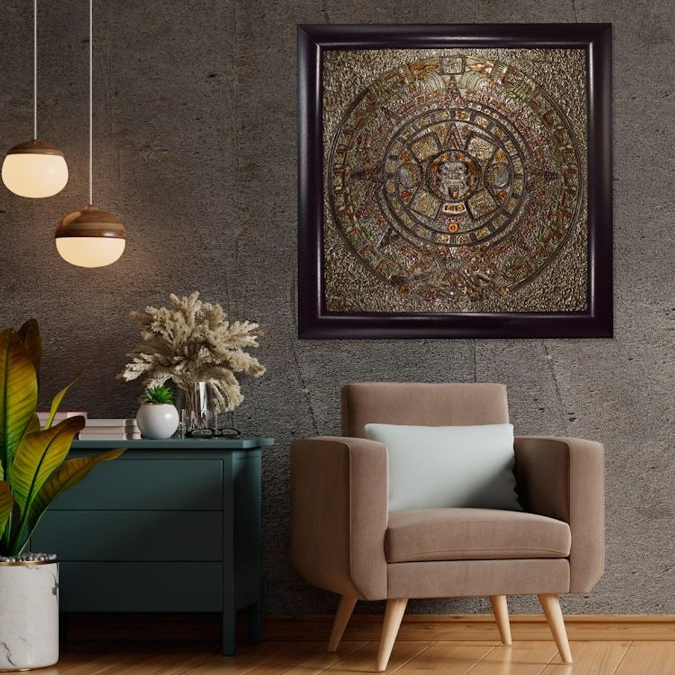 Framed Repousse Aztec Calendar Archaeology Alcohol Painting 'Mexica Sun Stone Calendar'