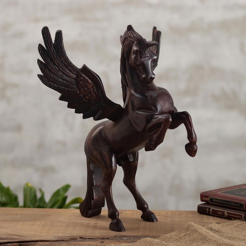 Artisan Crafted Hand Carved Cedar Winged Horse Sculpture 'Mythic Horse Pegasus'