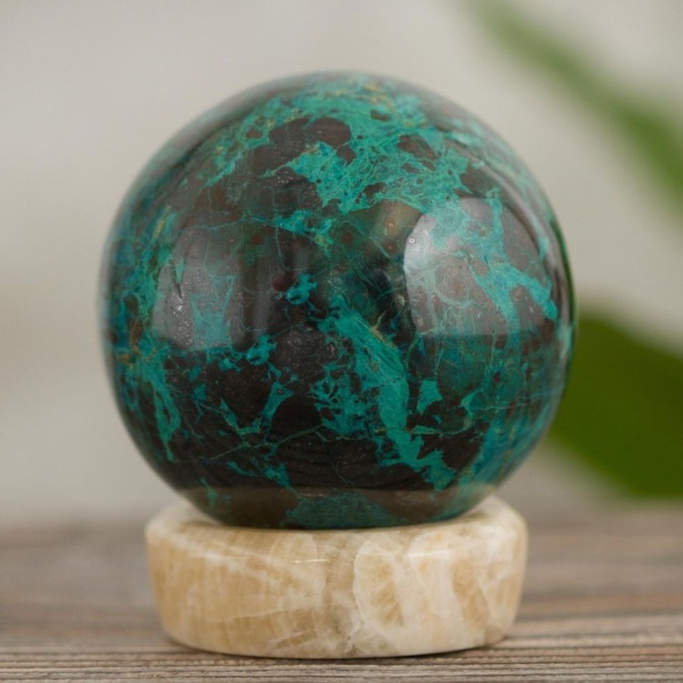 Crafted Chrysocolla Geometric Sculpture with Calcite Base 'Serenity'