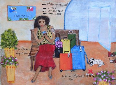 Alternate image for Original Naif Painting of Woman in the Airport Expectation