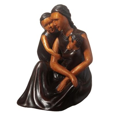 Alternate image for Cedar Wood Sculpture of a Woman with Her Two Children Protecting My Children