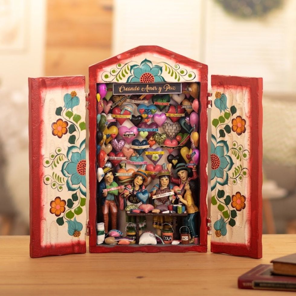 World Peace Project Ceramic  Wood Retablo from Peru 'Creating Love and Peace'