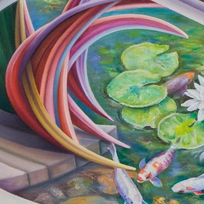 Alternate image for Signed Surrealist Painting of a Koi Pond from Brazil Fantastic World