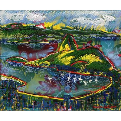 Alternate image for Signed Expressionist Painting of Sugarloaf Hill from Brazil Sugarloaf Hill in Green