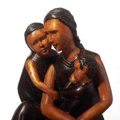 Alternate image for Cedar Wood Sculpture of a Woman with Her Two Children Protecting My Children