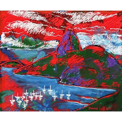 Alternate image for Expressionist Painting of Sugarloaf Hill in Red from Brazil Sugarloaf Hill in Red