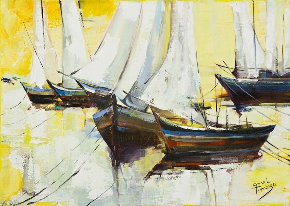 Signed Brazil Painting of White Sailboats and Yellow Skies 'Sailboats II'