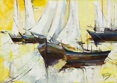 Alternate image for Signed Brazil Painting of White Sailboats and Yellow Skies Sailboats II