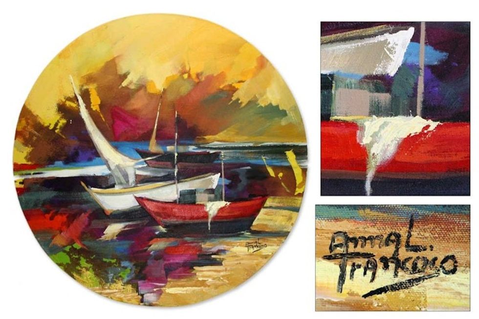 Landscape Expressionist Round Painting 'Boats in Cabo Frio'