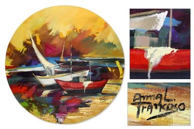Alternate image for Landscape Expressionist Round Painting Boats in Cabo Frio