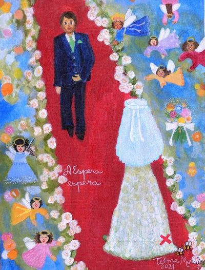 Alternate image for Colorful Naif Painting of Bride and Groom at the Altar The Wait II