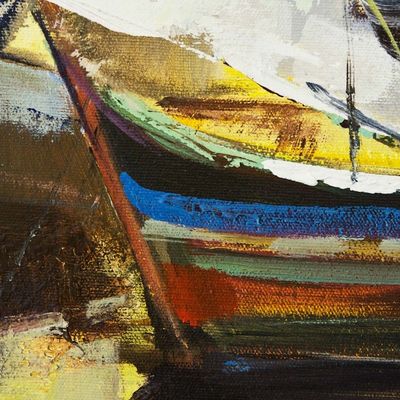 Alternate image for Signed Brazil Painting of White Sailboats and Yellow Skies Sailboats II