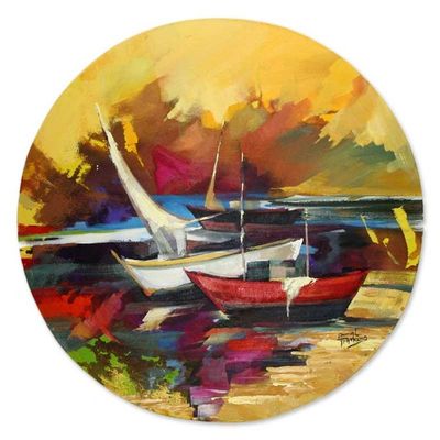 Alternate image for Landscape Expressionist Round Painting Boats in Cabo Frio