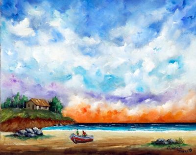 Alternate image for Signed Stretched Impressionist Oil Painting of a Sunset View Sea at Sunset