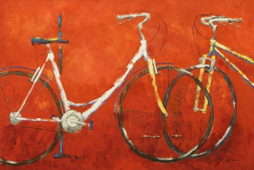 Signed Impressionist Painting of Bicycles on Orange 2018 'Any Day, Any Time'