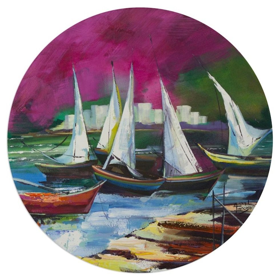 Signed Stretched Round Painting of Sailboats in Rio 'Sailboats'