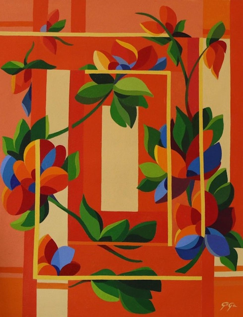 Original Cubist Floral Painting in Fiery Tropical Colors 'Flowers in the Window'